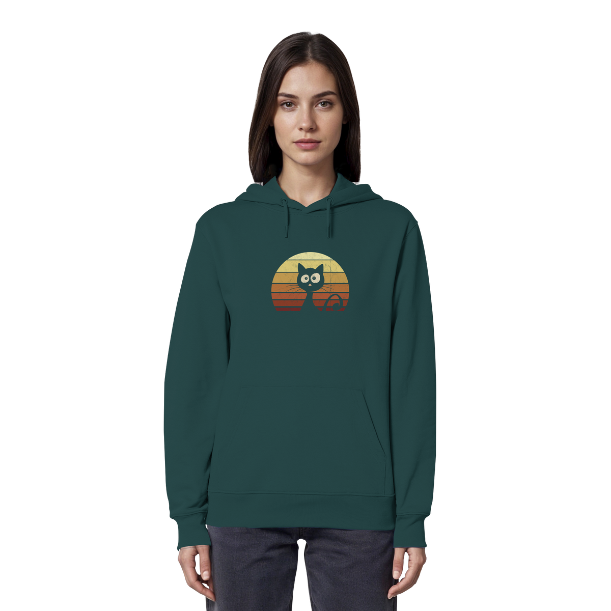 Katze vor Retro Sonnenuntergang - Organic Hoodie