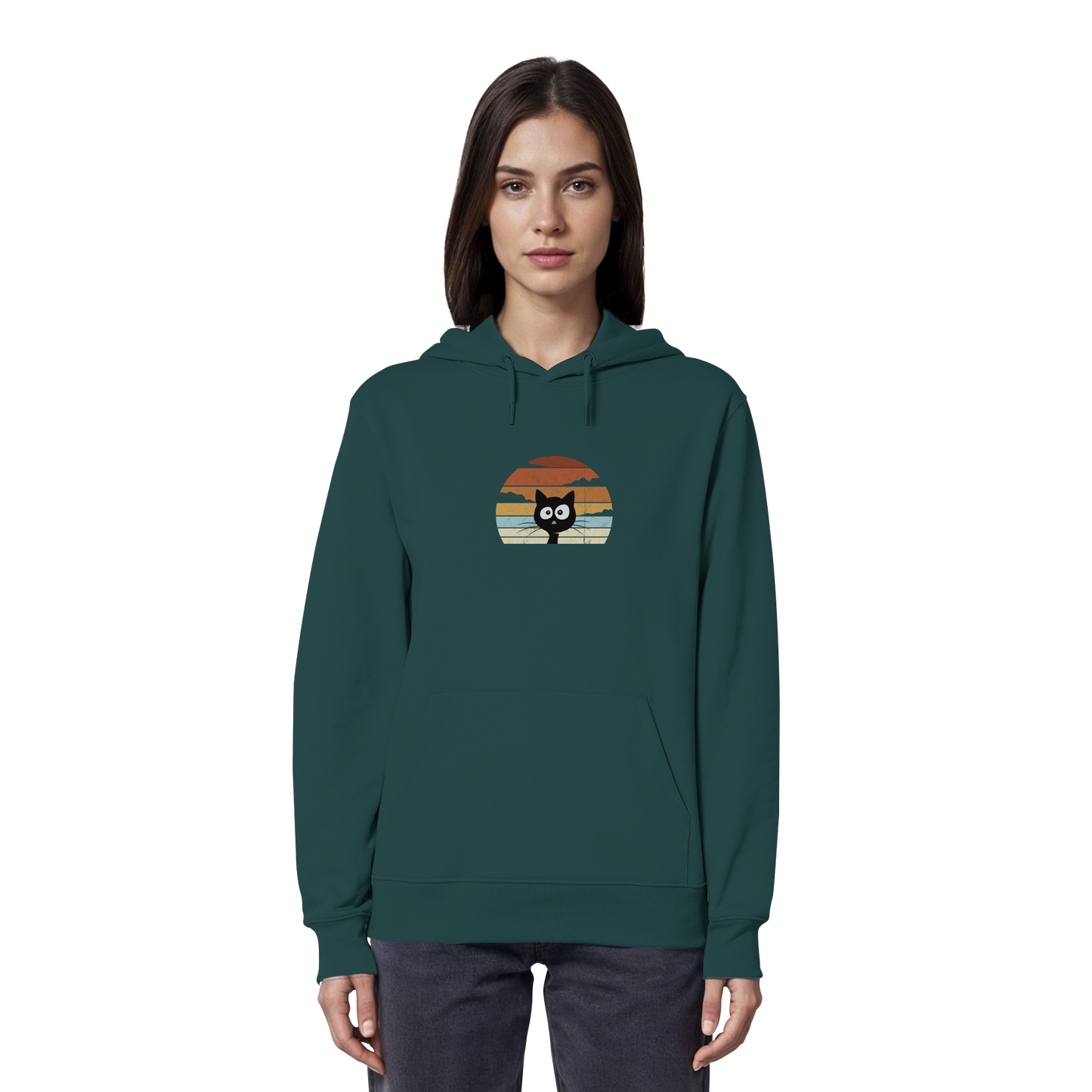 Retro schwarze Katze vor Sonnenuntergang - Organic Hoodie