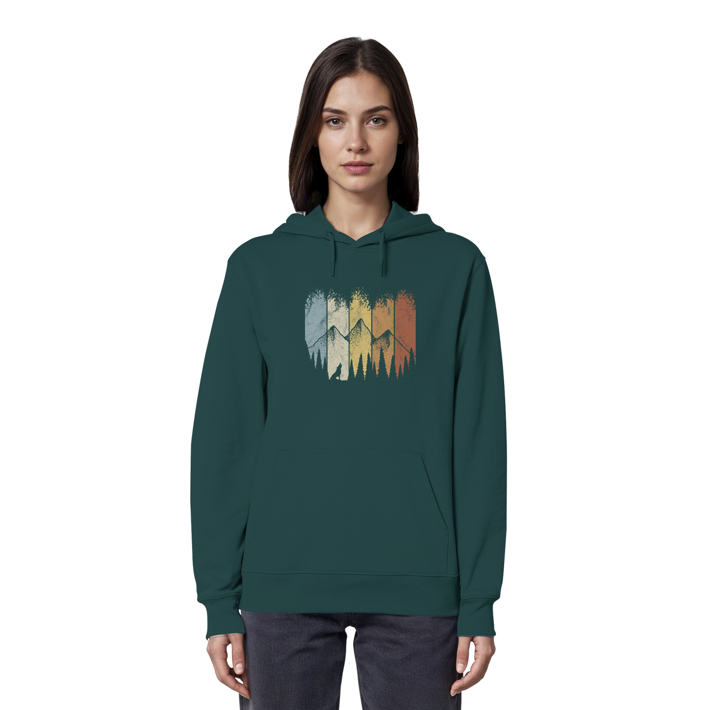 Retro Wald, Berge und Wolf  - Organic Hoodie