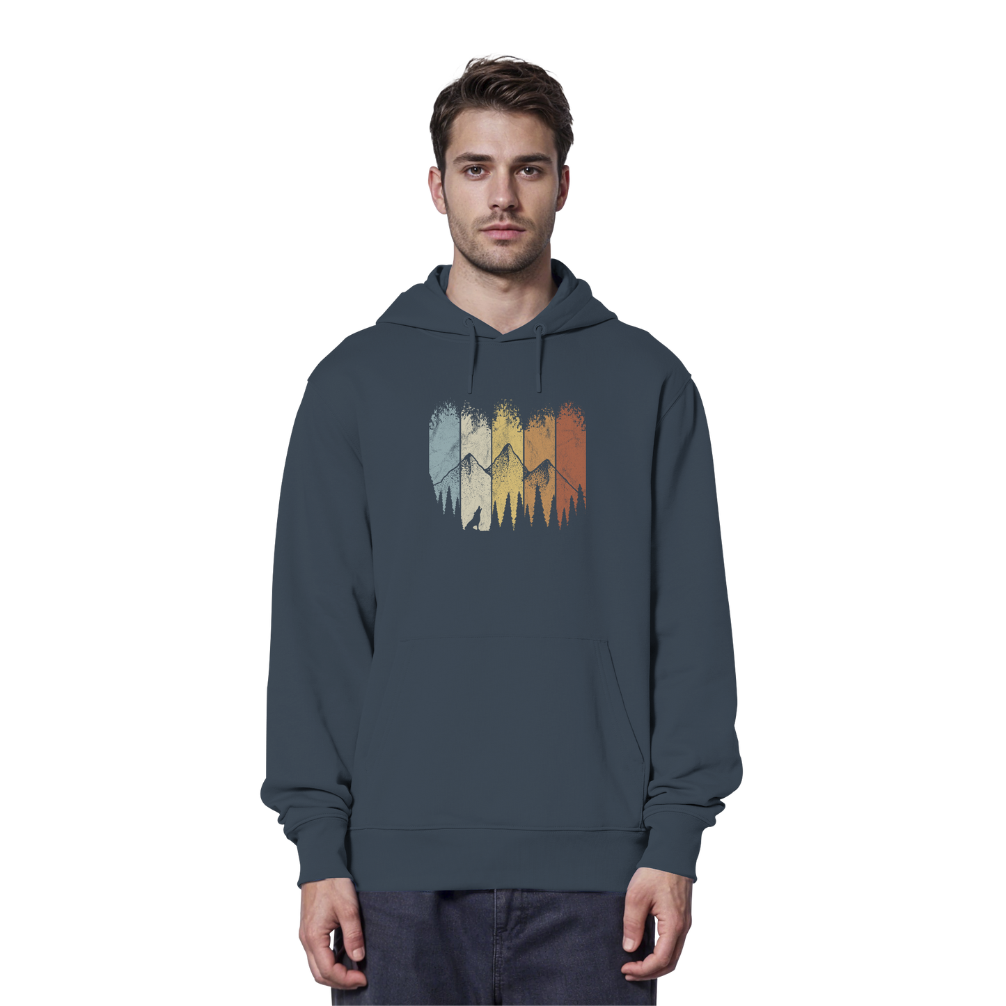 Retro Wald, Berge und Wolf  - Organic Hoodie