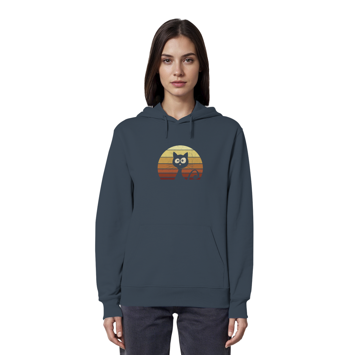 Katze vor Retro Sonnenuntergang - Organic Hoodie