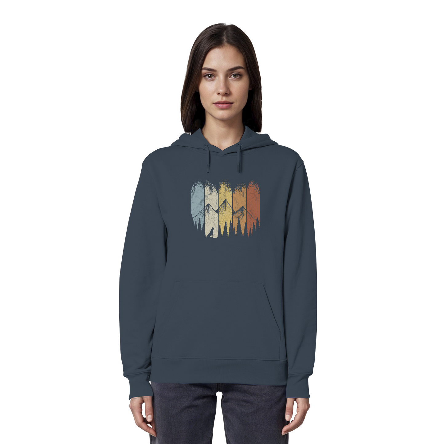 Retro Wald, Berge und Wolf  - Organic Hoodie