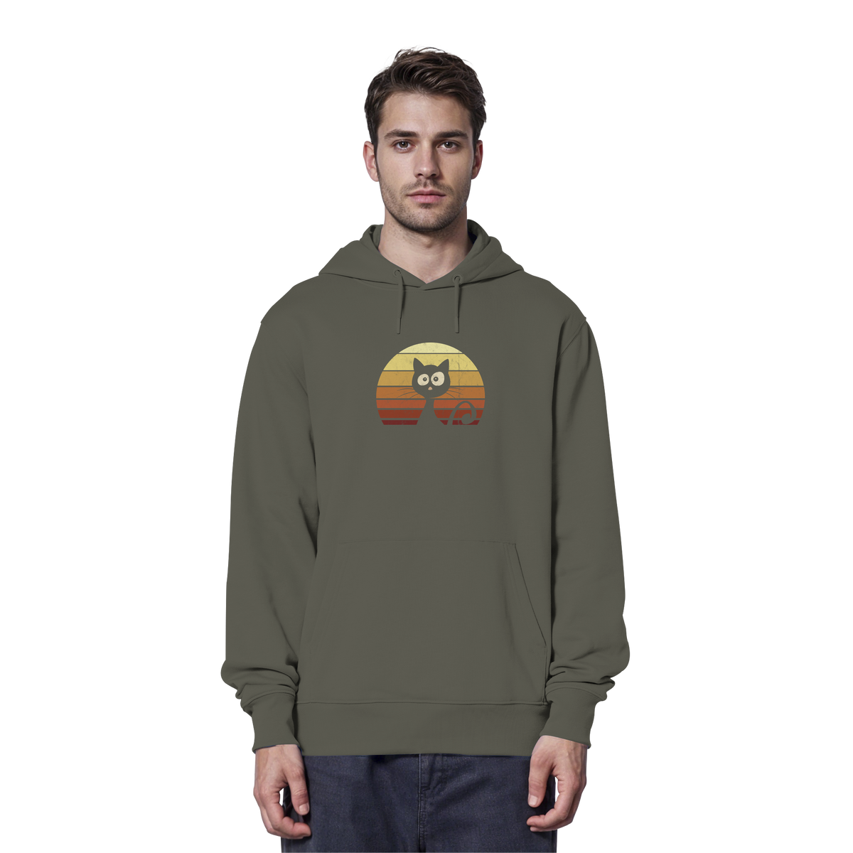 Katze vor Retro Sonnenuntergang - Organic Hoodie