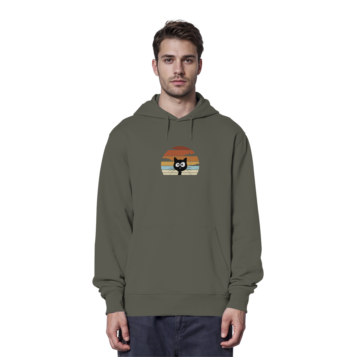 Retro schwarze Katze vor Sonnenuntergang - Organic Hoodie