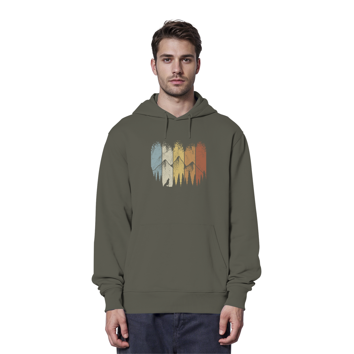 Retro Wald, Berge und Wolf  - Organic Hoodie