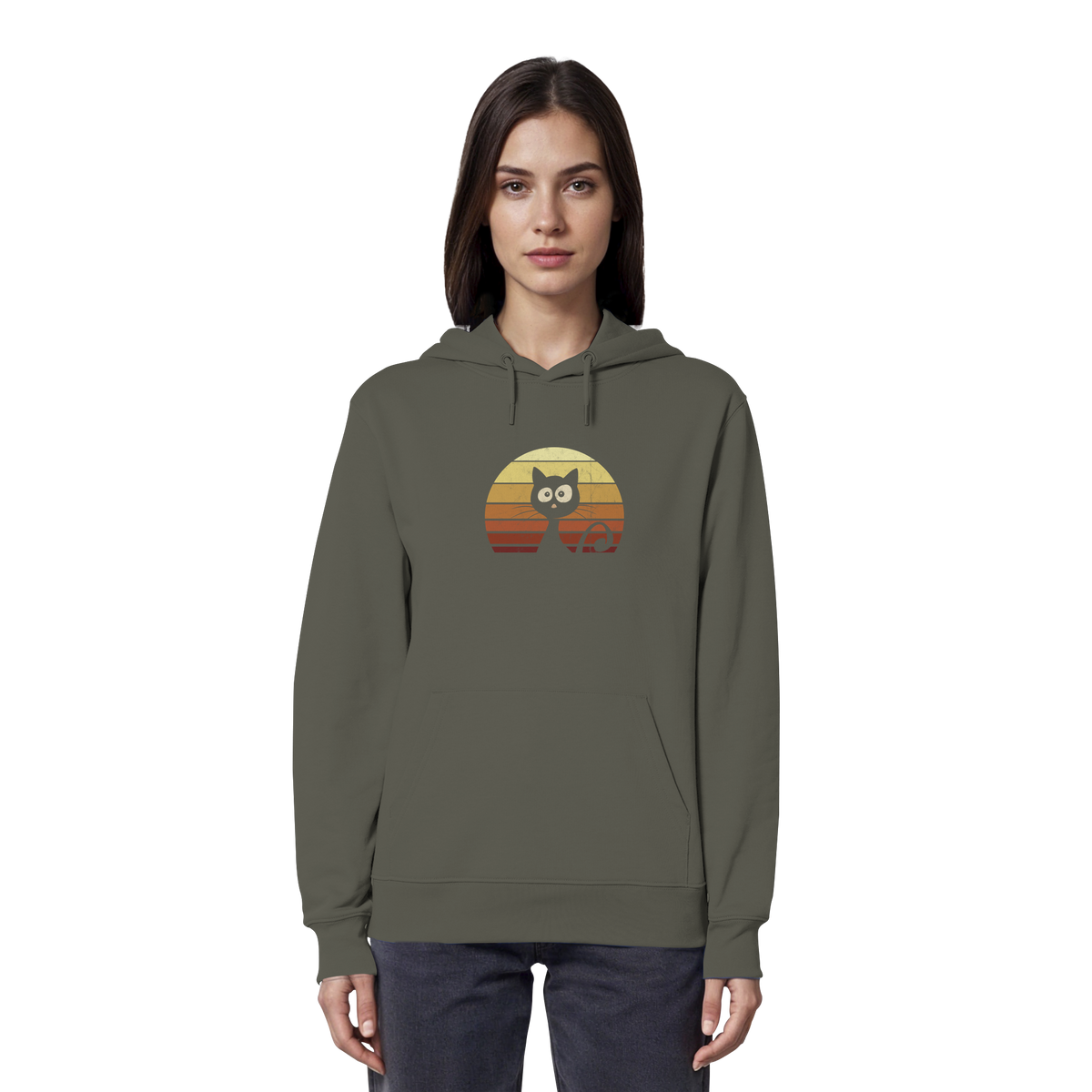 Katze vor Retro Sonnenuntergang - Organic Hoodie