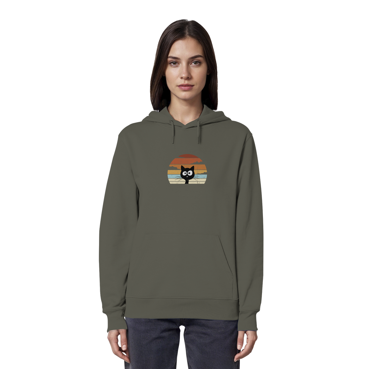 Retro schwarze Katze vor Sonnenuntergang - Organic Hoodie