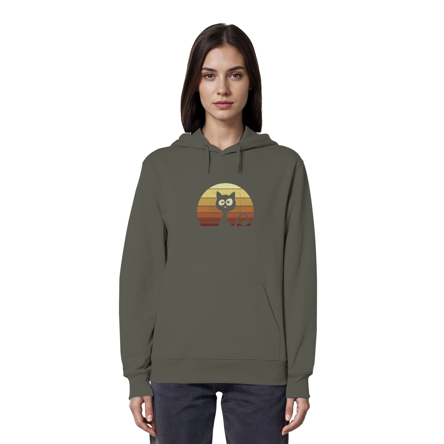 Katze vor Retro Sonnenuntergang - Organic Hoodie