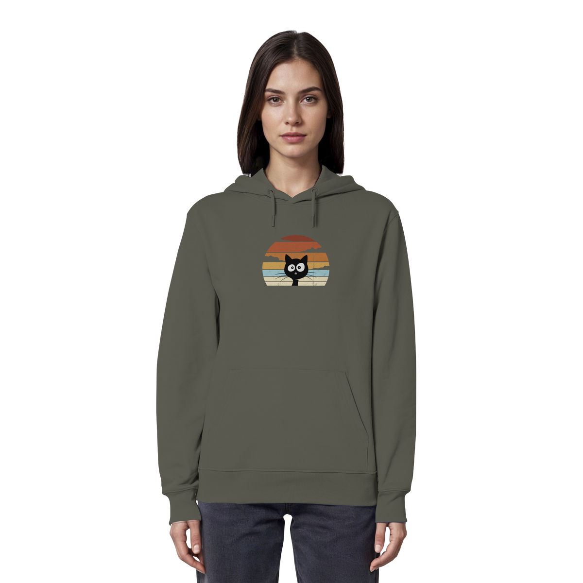 Retro schwarze Katze vor Sonnenuntergang - Organic Hoodie