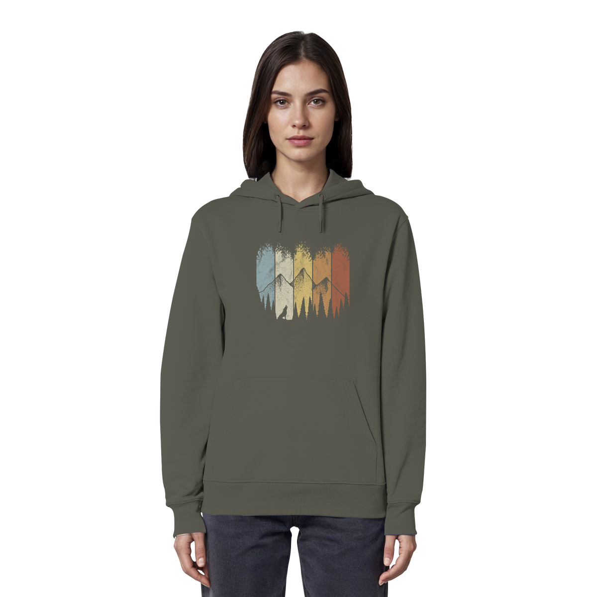 Retro Wald, Berge und Wolf  - Organic Hoodie