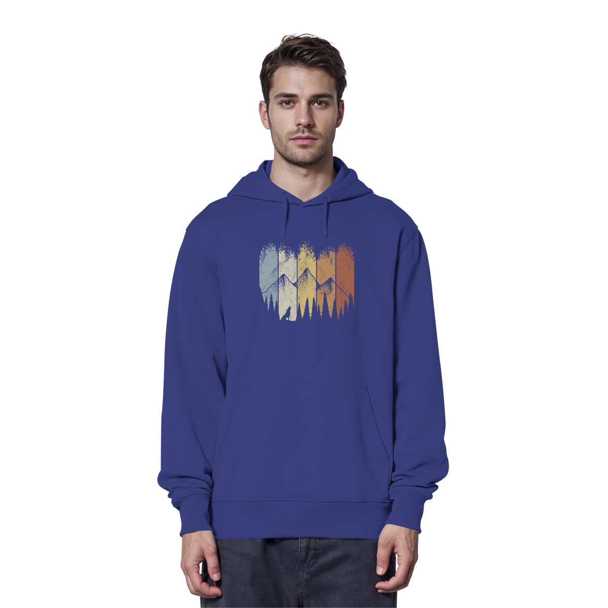 Retro Wald, Berge und Wolf  - Organic Hoodie