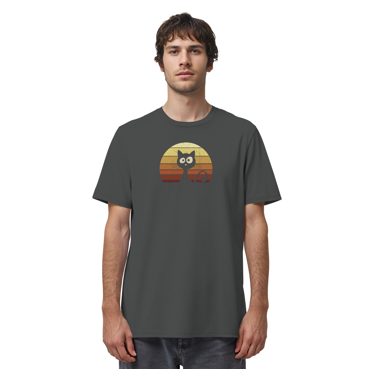 Katze vor Retro Sonnenuntergang - Organic Shirt