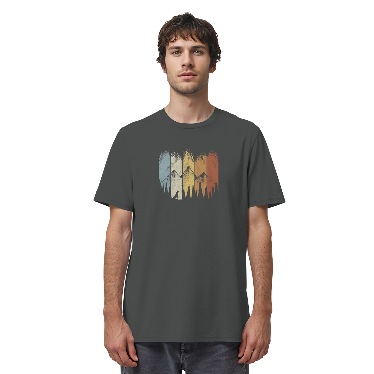Retro Wald, Berge und Wolf  - Organic Shirt