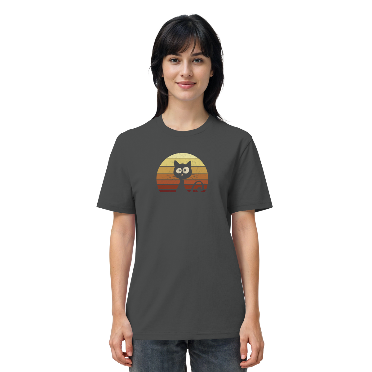 Katze vor Retro Sonnenuntergang - Organic Shirt
