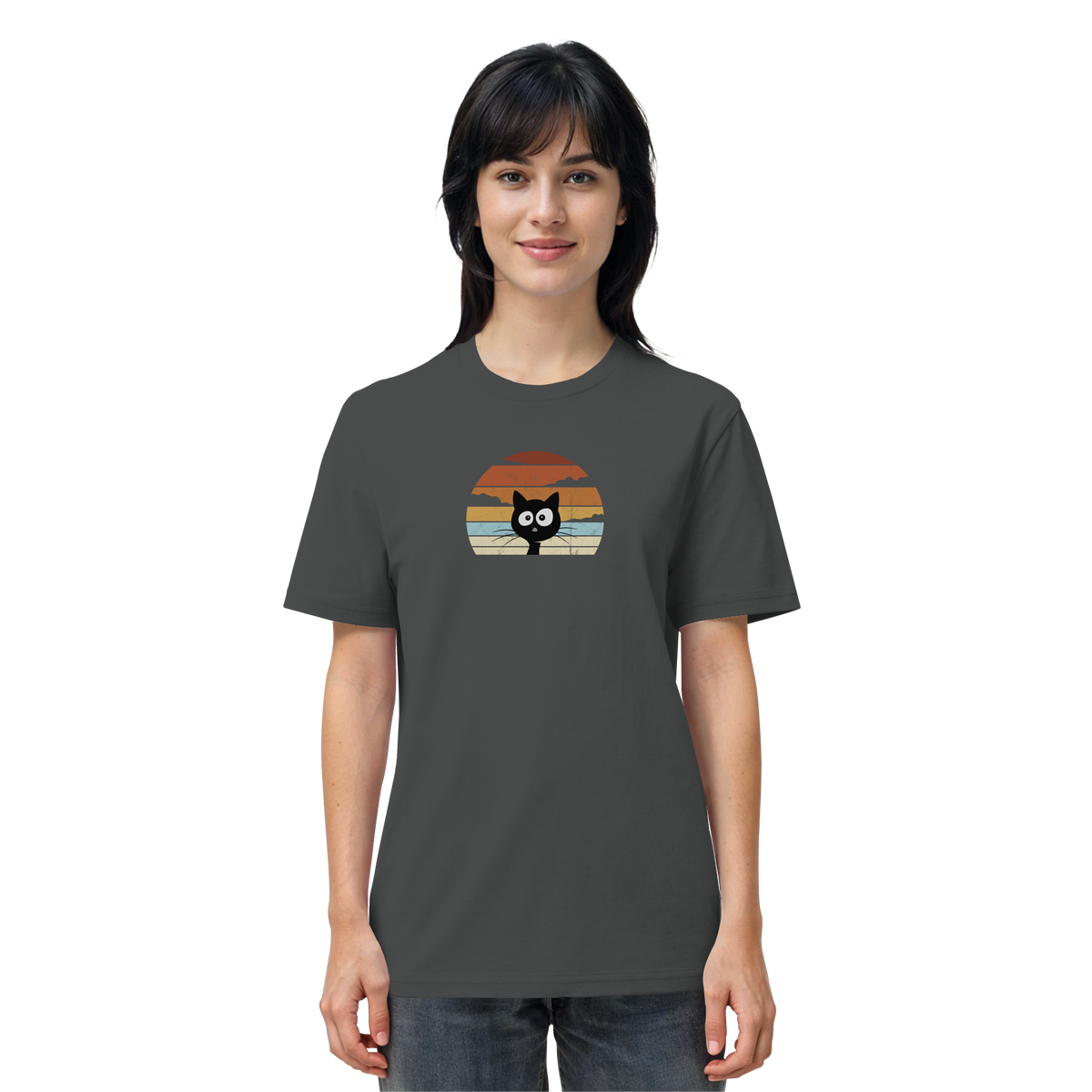 Retro schwarze Katze vor Sonnenuntergang - Organic Shirt