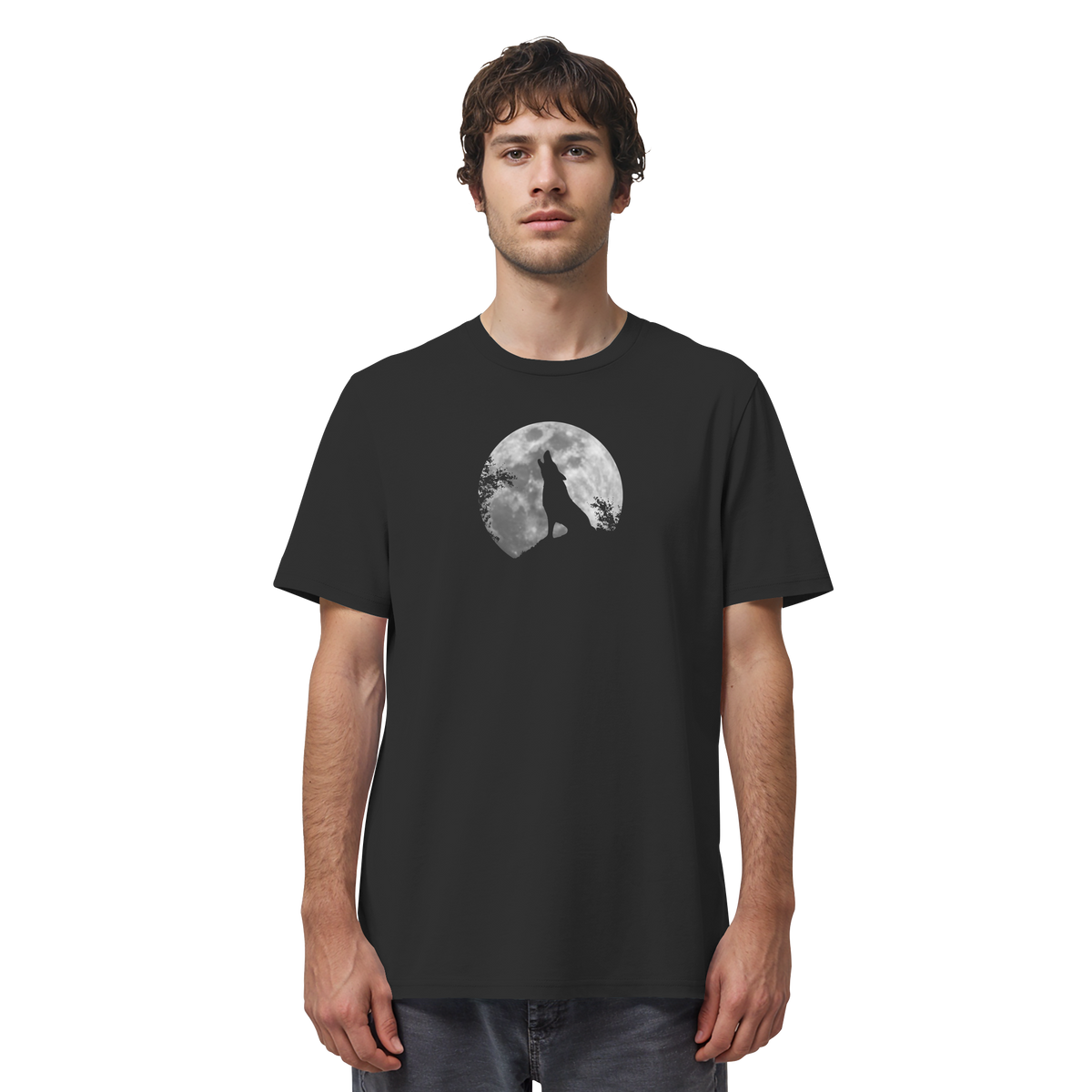 Heulender Wolf Silhouette vor Vollmond - Organic Shirt