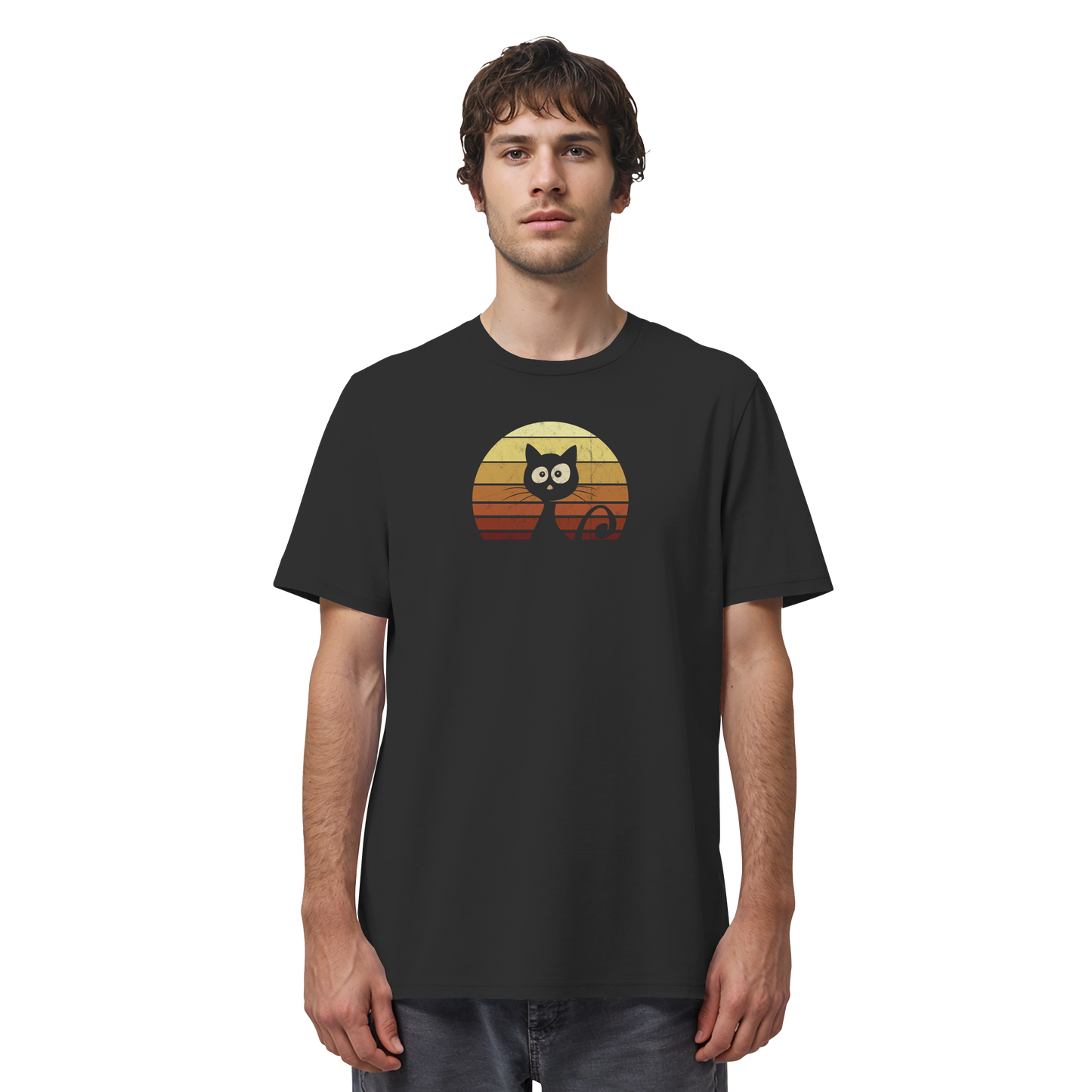 Katze vor Retro Sonnenuntergang - Organic Shirt
