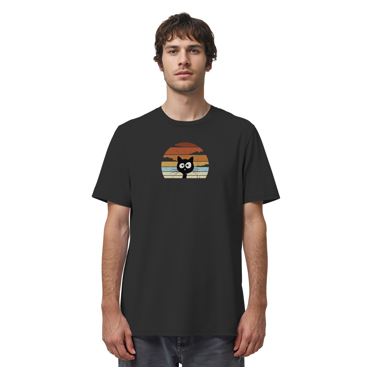 Retro schwarze Katze vor Sonnenuntergang - Organic Shirt