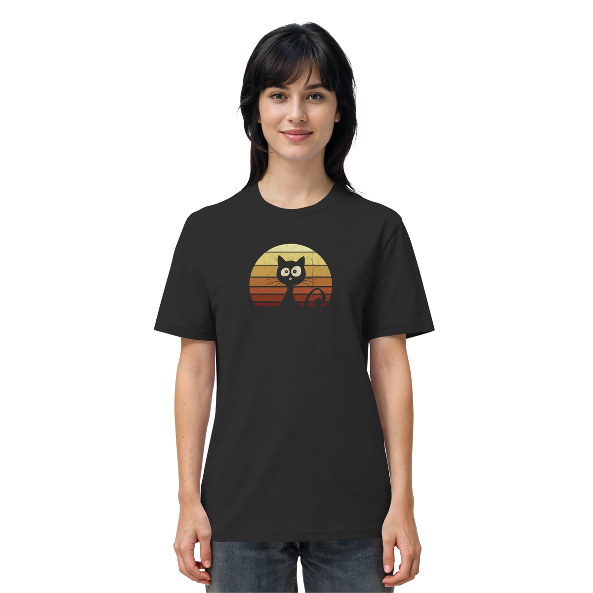 Katze vor Retro Sonnenuntergang - Organic Shirt
