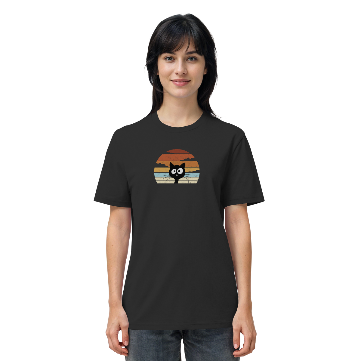 Retro schwarze Katze vor Sonnenuntergang - Organic Shirt
