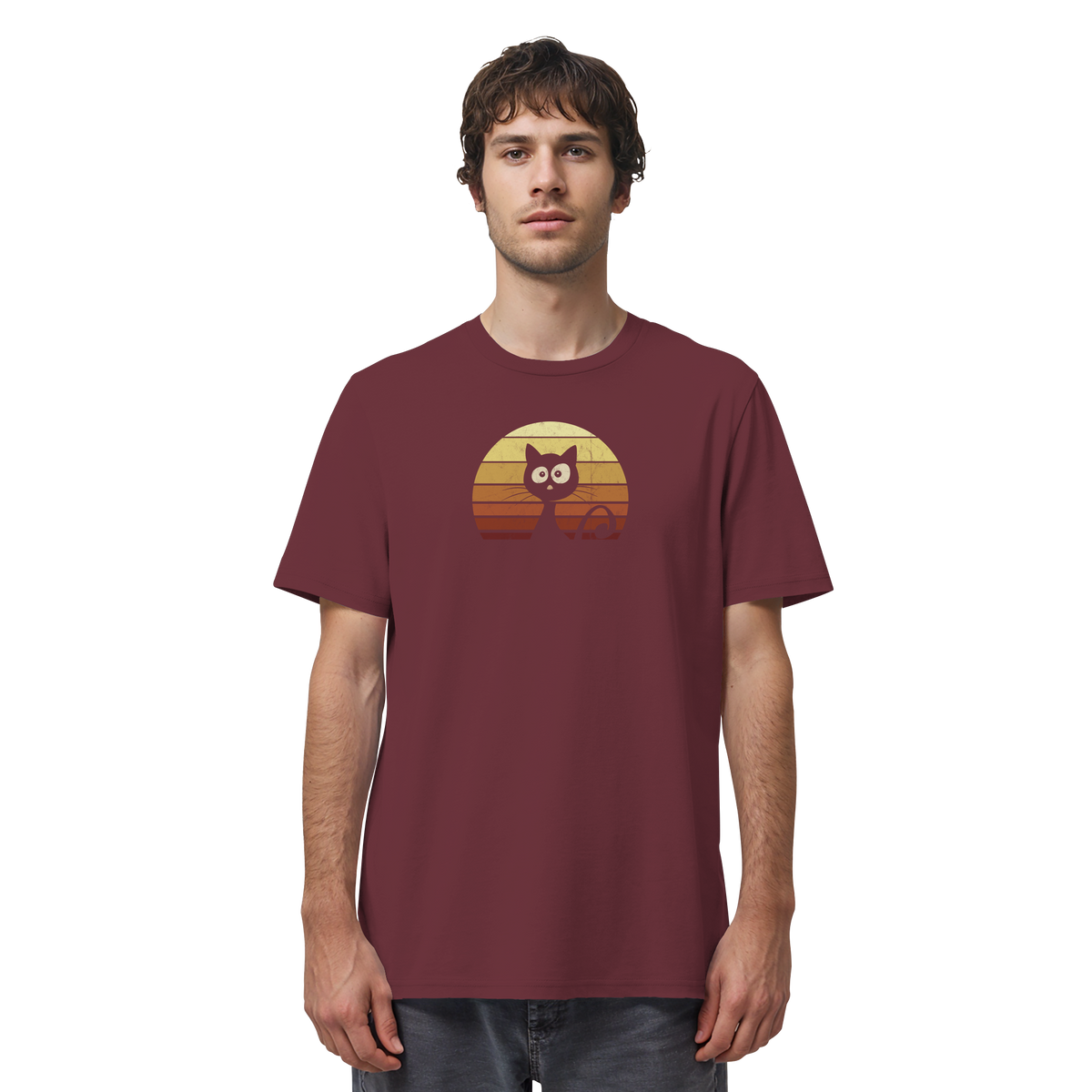 Katze vor Retro Sonnenuntergang - Organic Shirt