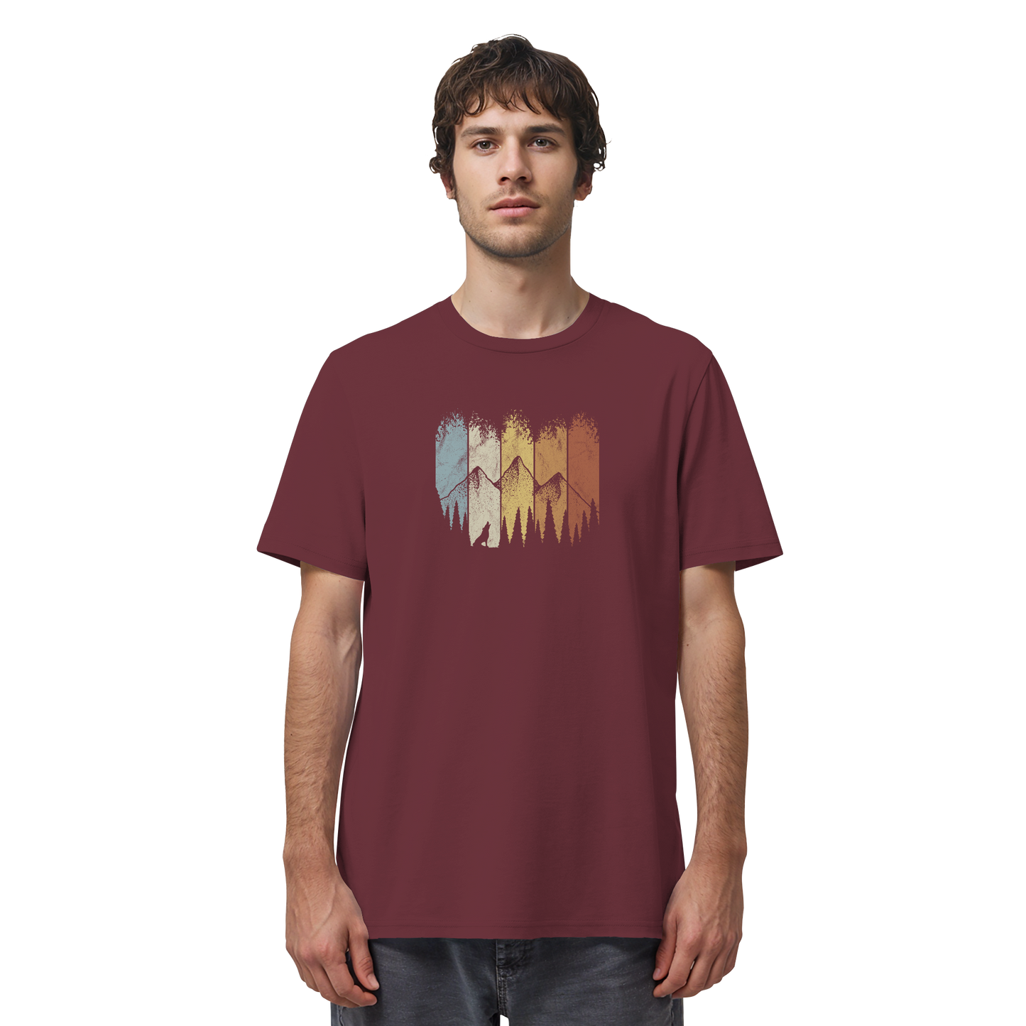 Retro Wald, Berge und Wolf  - Organic Shirt