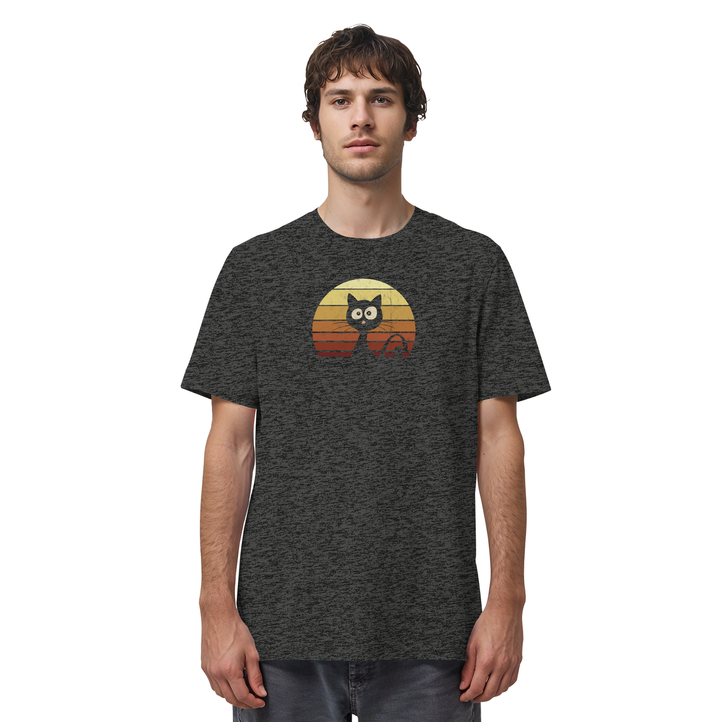 Katze vor Retro Sonnenuntergang - Organic Shirt