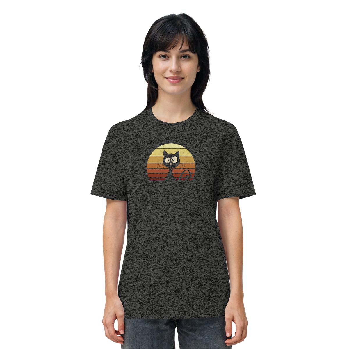 Katze vor Retro Sonnenuntergang - Organic Shirt