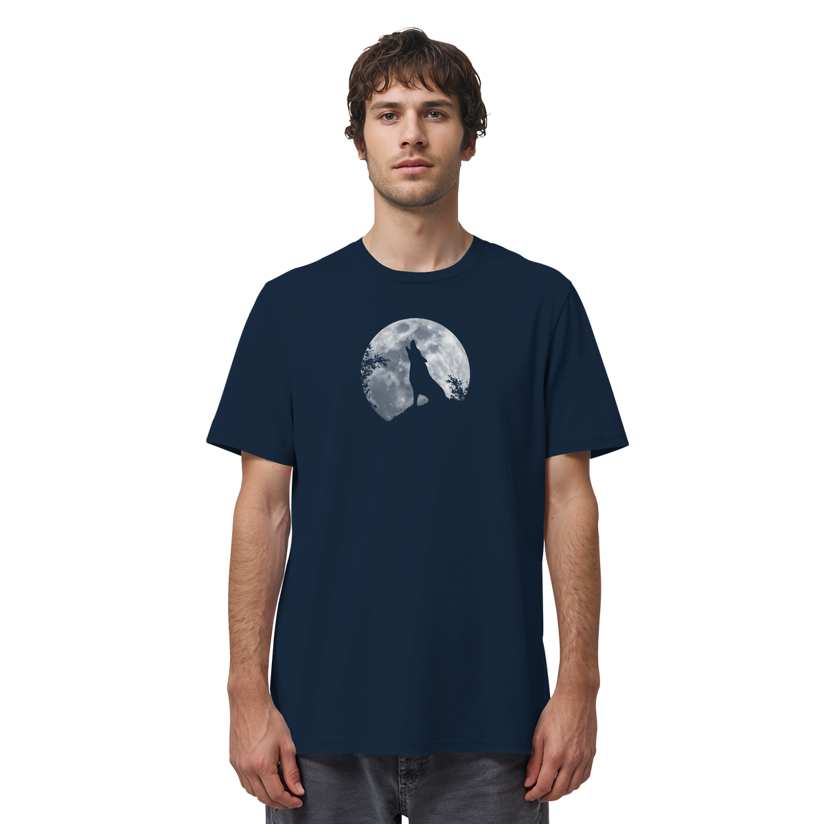 Heulender Wolf Silhouette vor Vollmond - Organic Shirt
