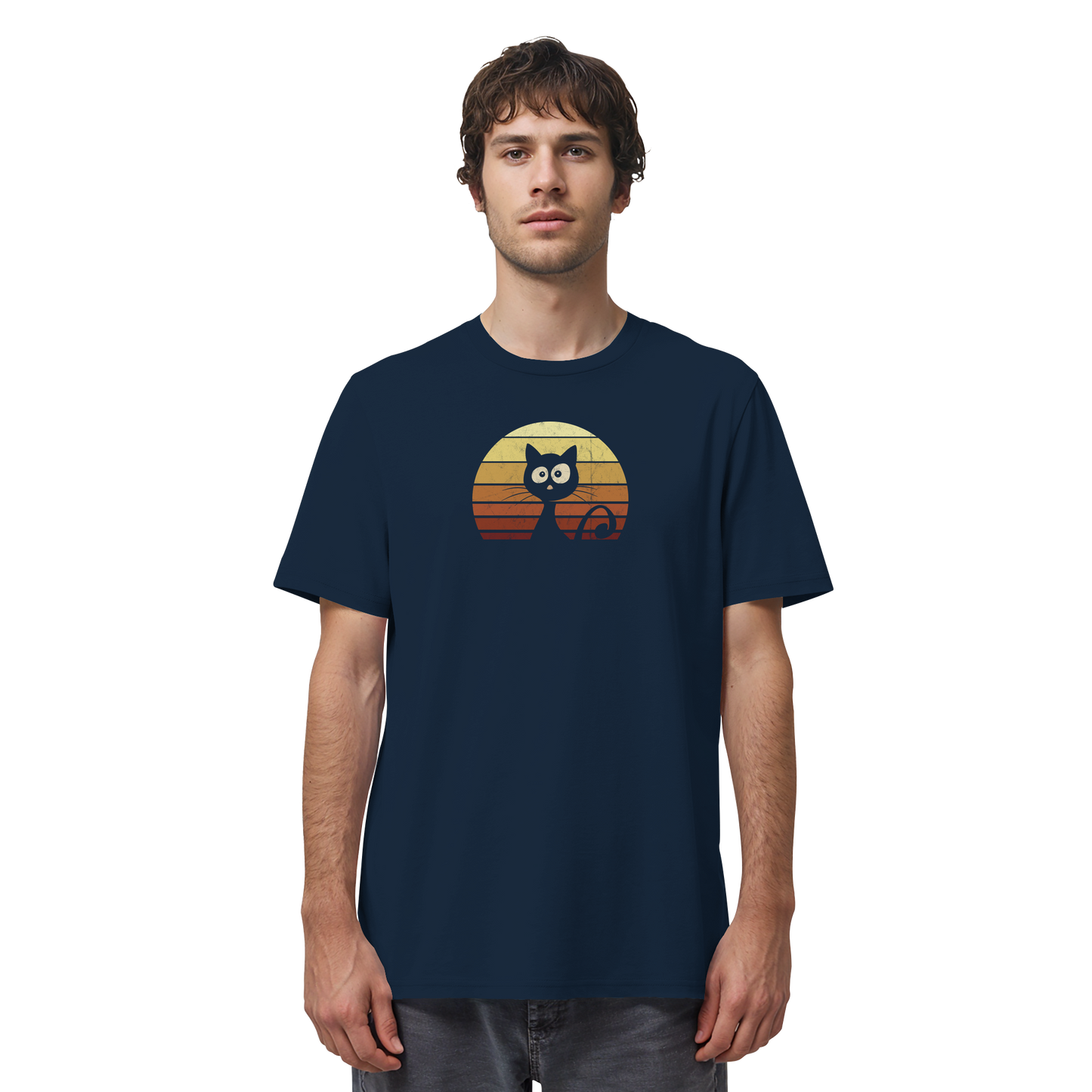 Katze vor Retro Sonnenuntergang - Organic Shirt
