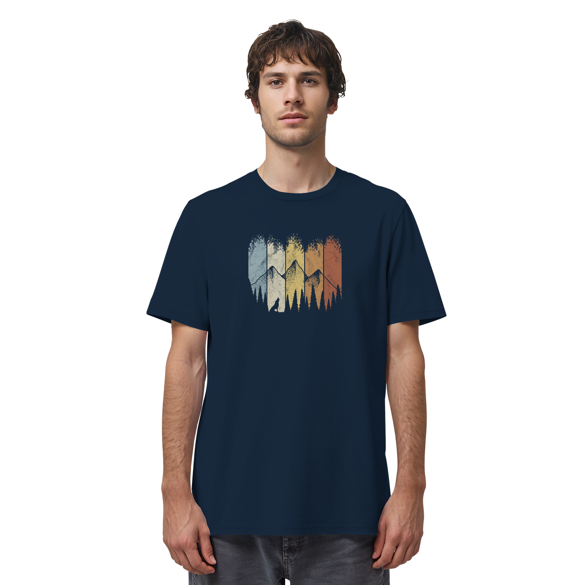 Retro Wald, Berge und Wolf  - Organic Shirt