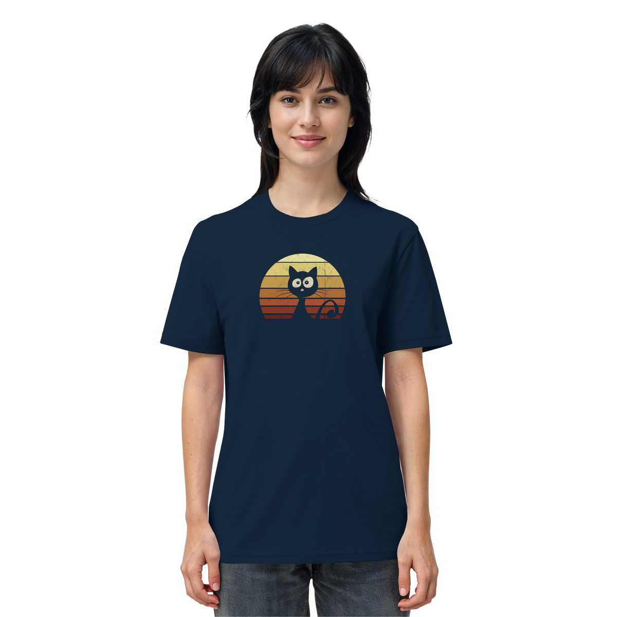 Katze vor Retro Sonnenuntergang - Organic Shirt