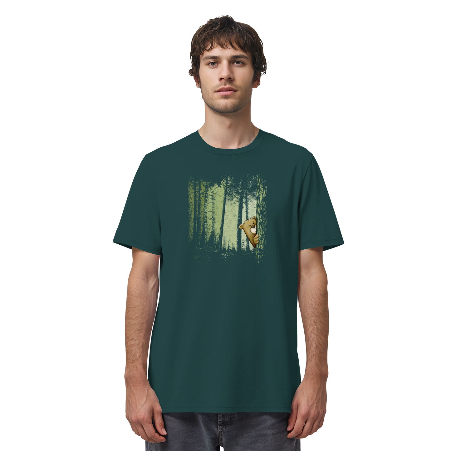 Comic Bär versteckt im Zwielicht Wald - Organic Shirt
