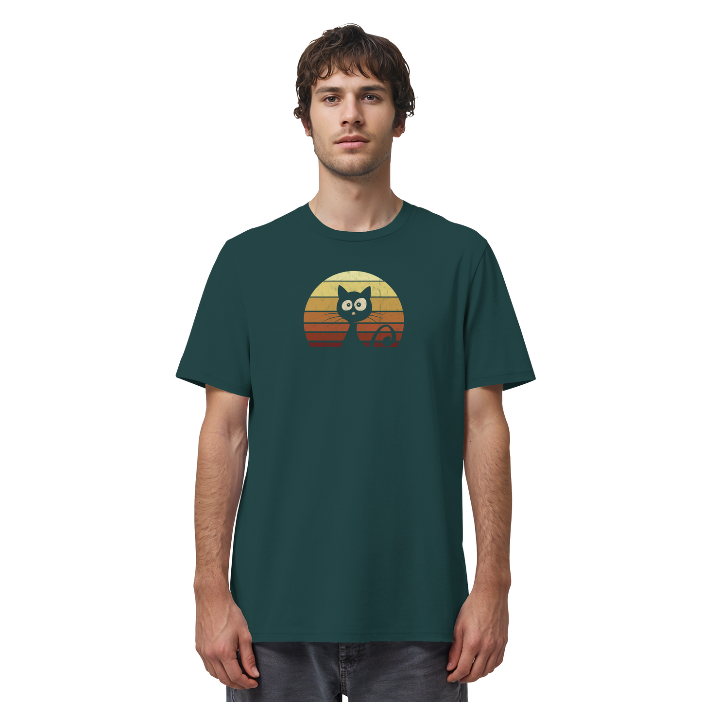 Katze vor Retro Sonnenuntergang - Organic Shirt