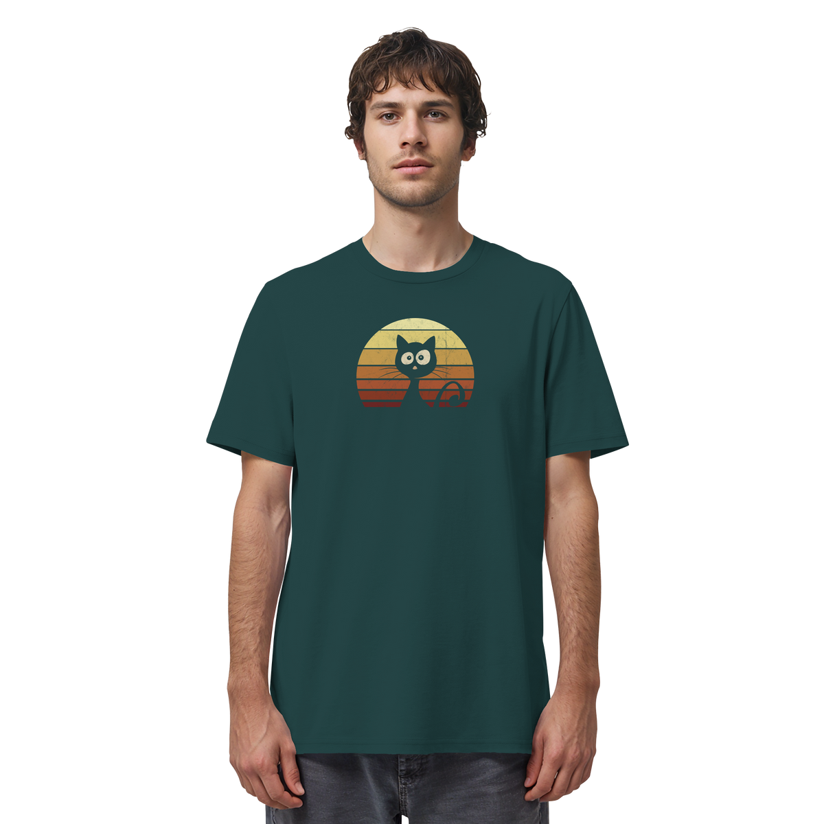 Katze vor Retro Sonnenuntergang - Organic Shirt