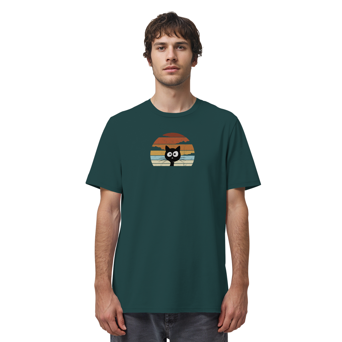 Retro schwarze Katze vor Sonnenuntergang - Organic Shirt