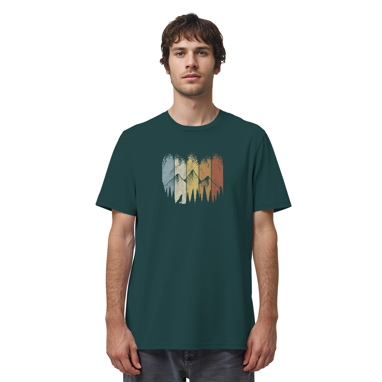 Retro Wald, Berge und Wolf  - Organic Shirt