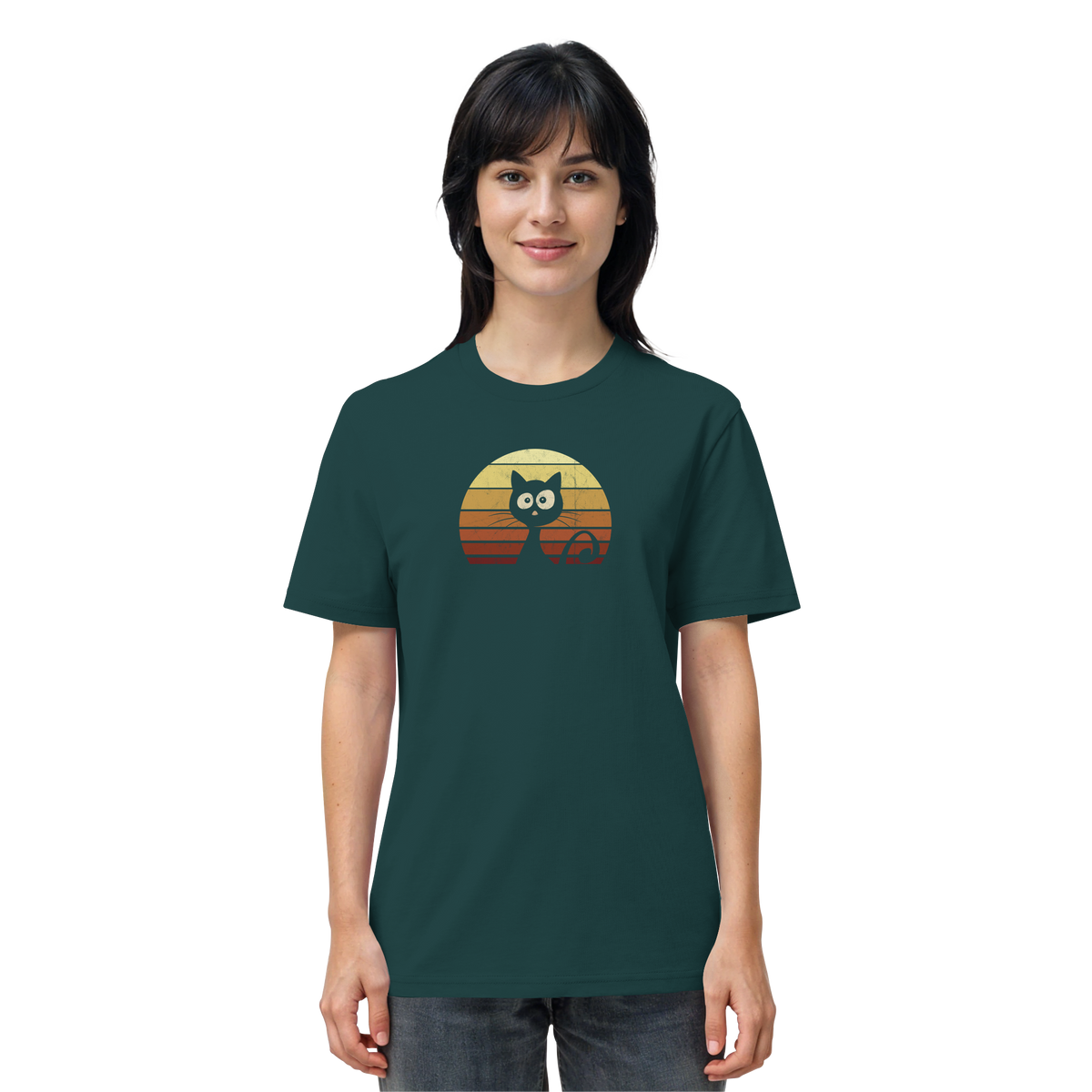 Katze vor Retro Sonnenuntergang - Organic Shirt