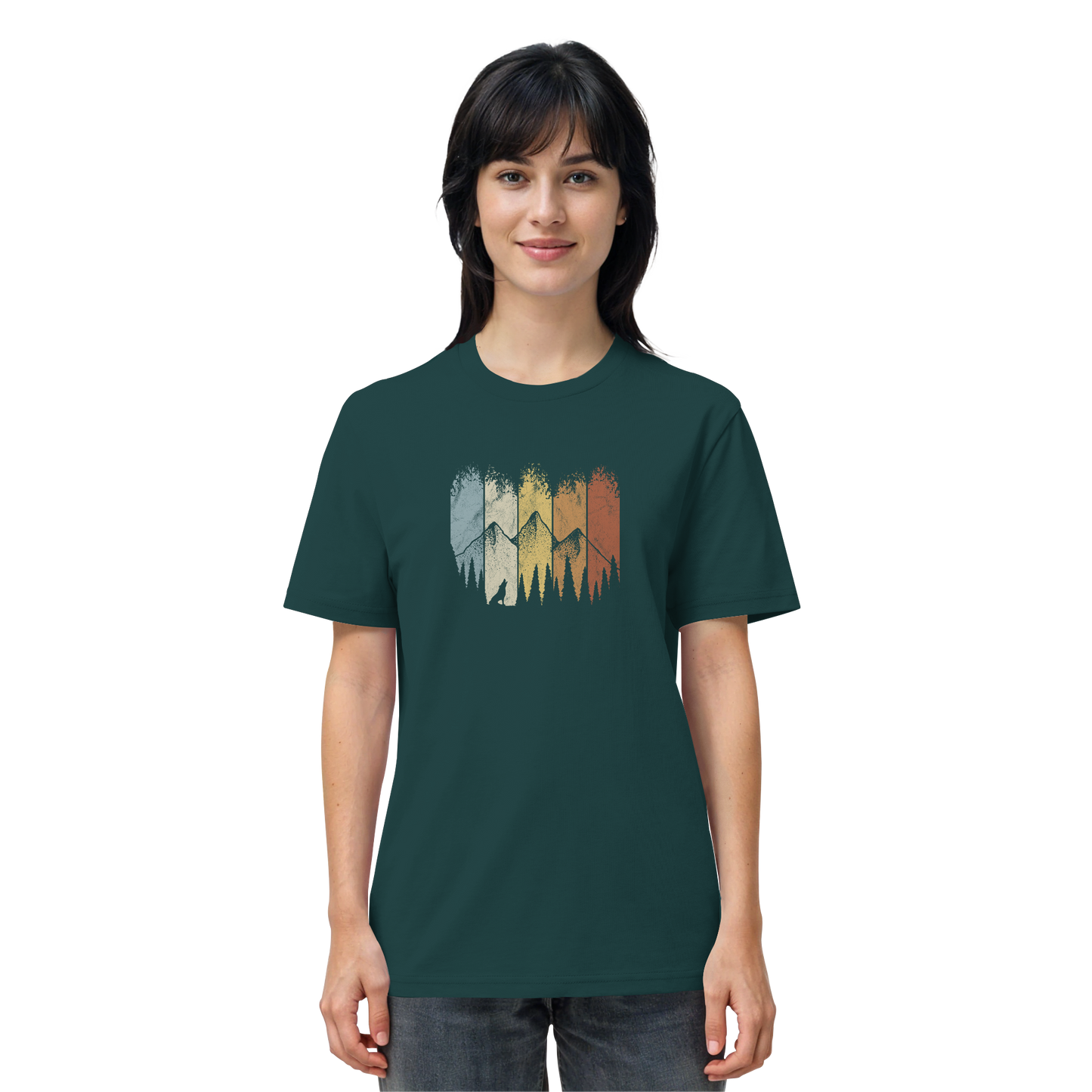 Retro Wald, Berge und Wolf  - Organic Shirt