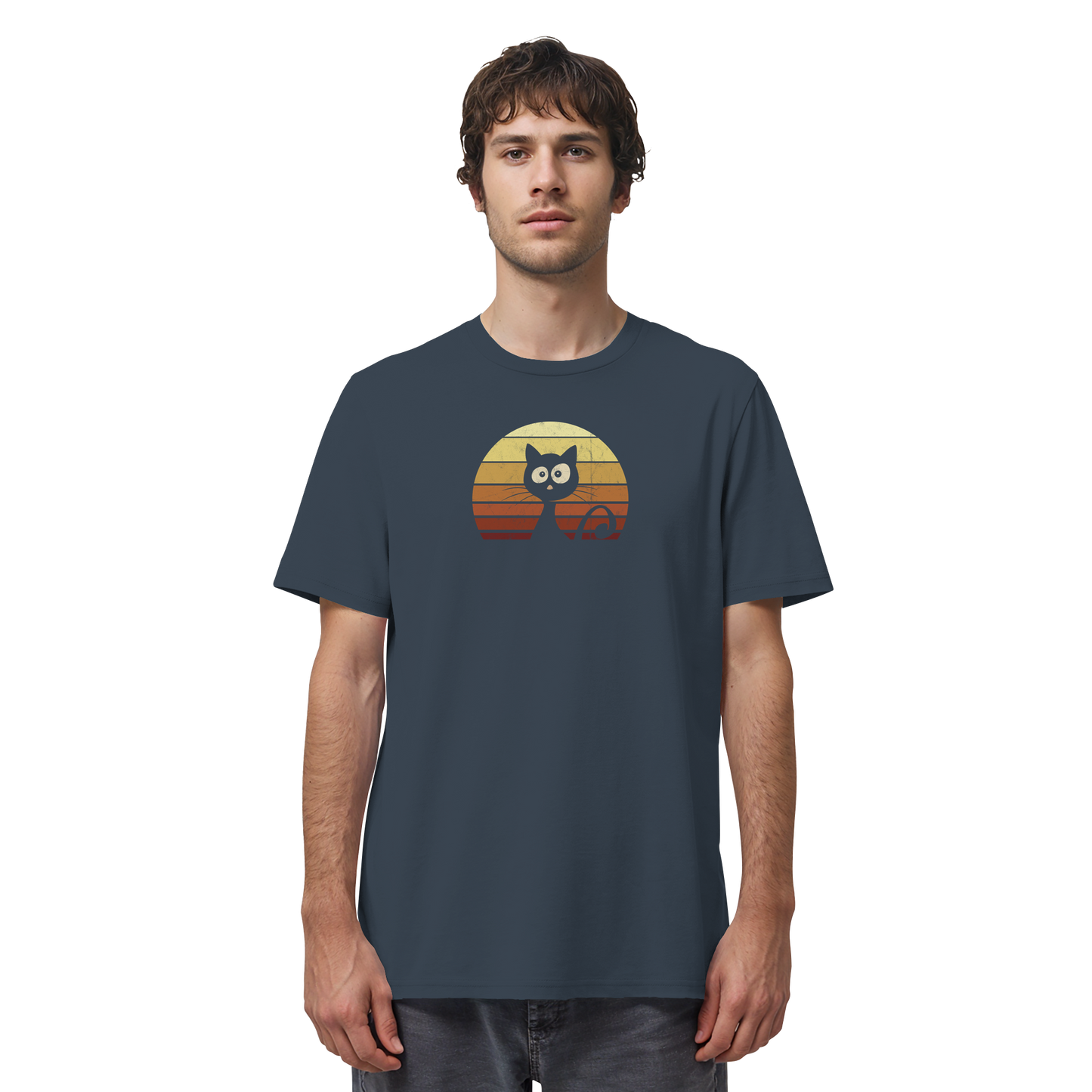 Katze vor Retro Sonnenuntergang - Organic Shirt
