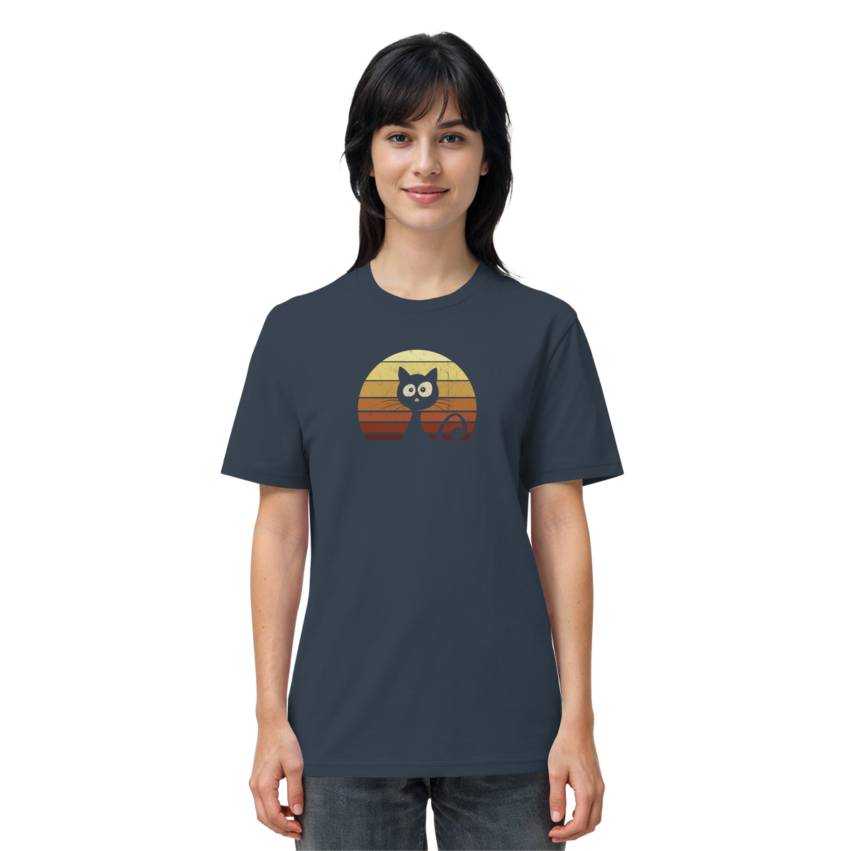 Katze vor Retro Sonnenuntergang - Organic Shirt