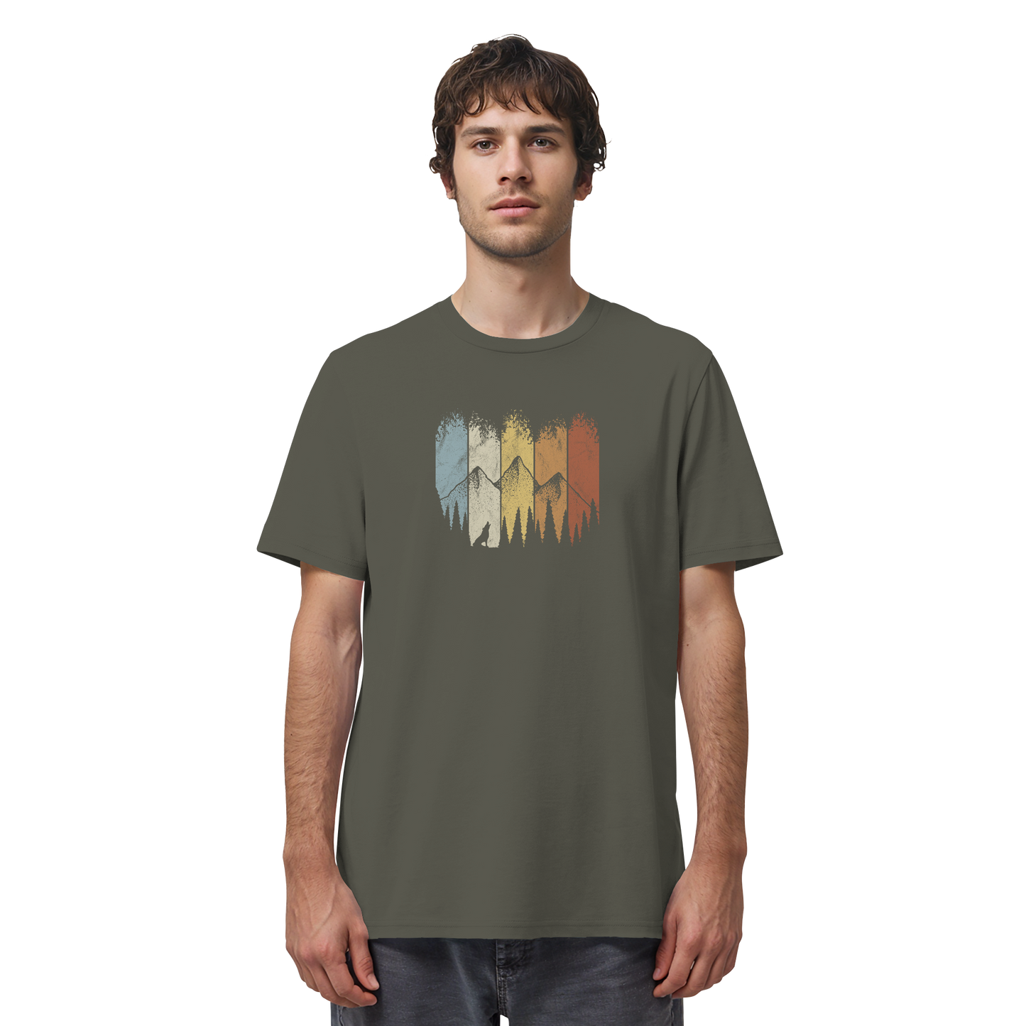 Retro Wald, Berge und Wolf  - Organic Shirt