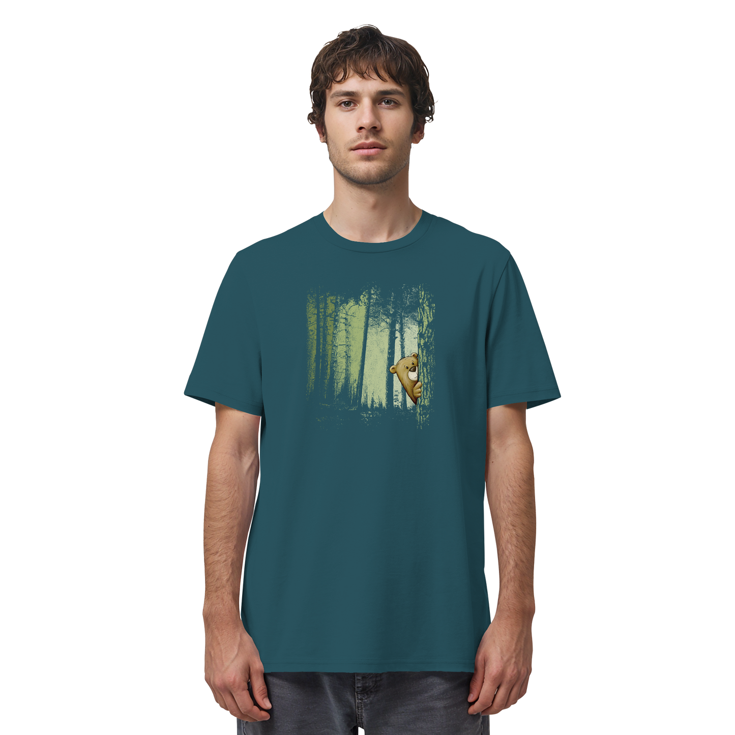 Comic Bär versteckt im Zwielicht Wald - Organic Shirt