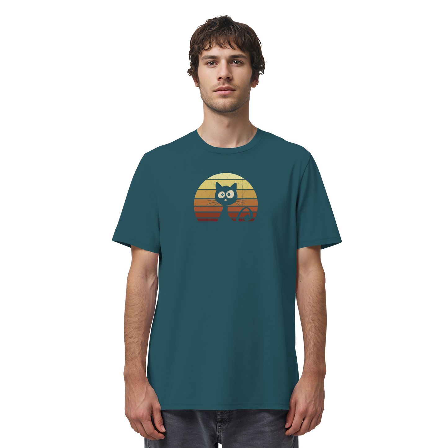 Katze vor Retro Sonnenuntergang - Organic Shirt