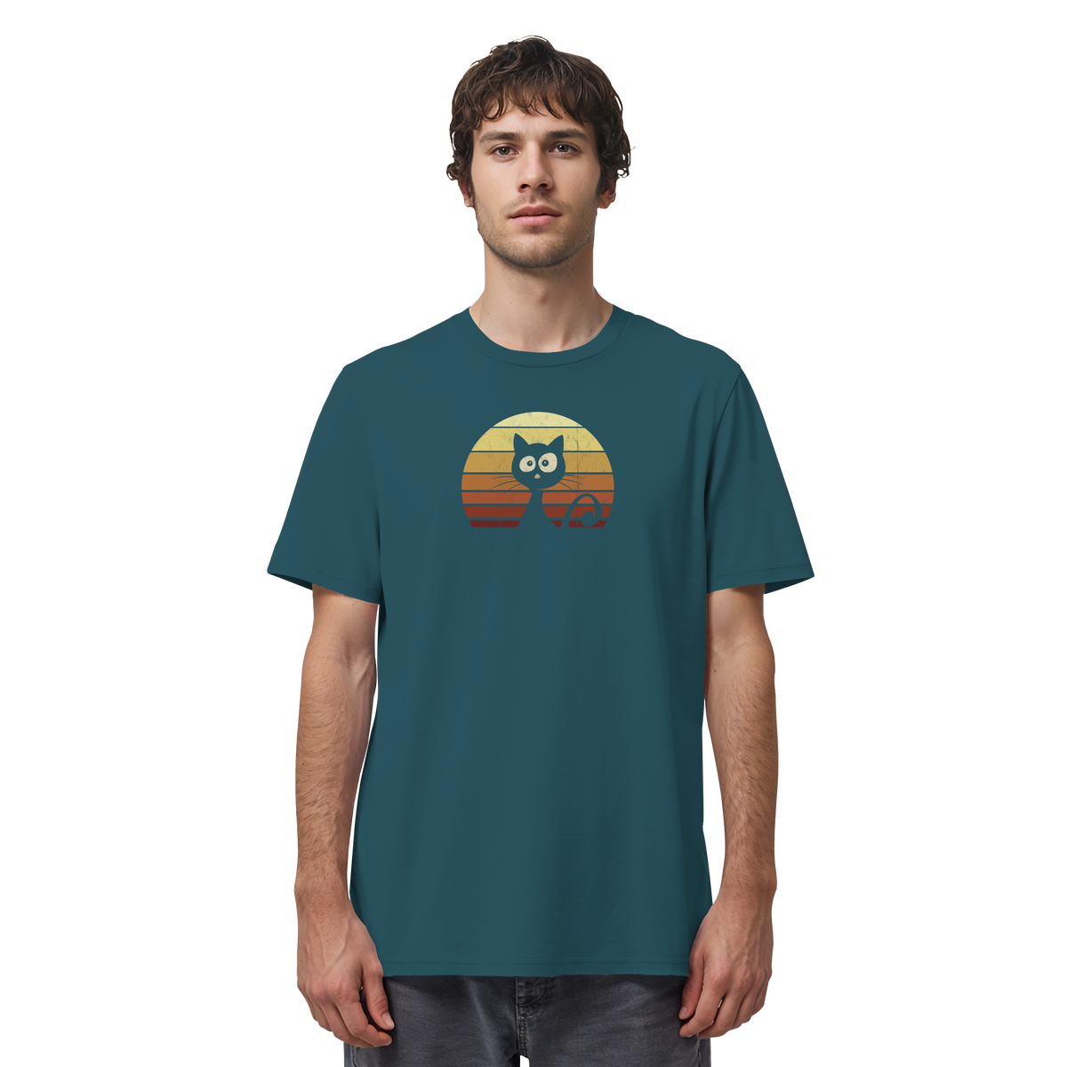Katze vor Retro Sonnenuntergang - Organic Shirt