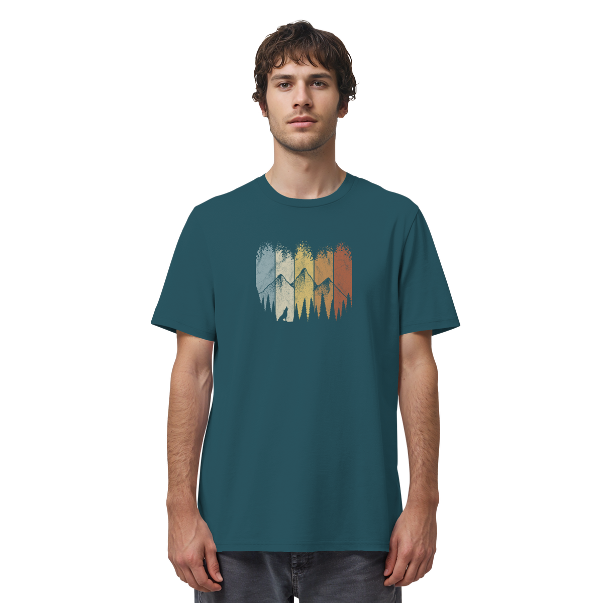 Retro Wald, Berge und Wolf  - Organic Shirt