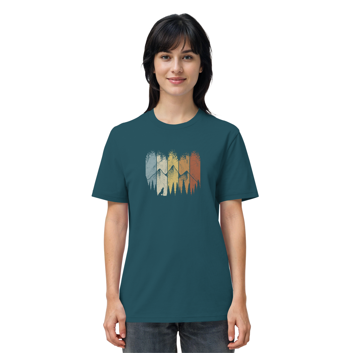 Retro Wald, Berge und Wolf  - Organic Shirt