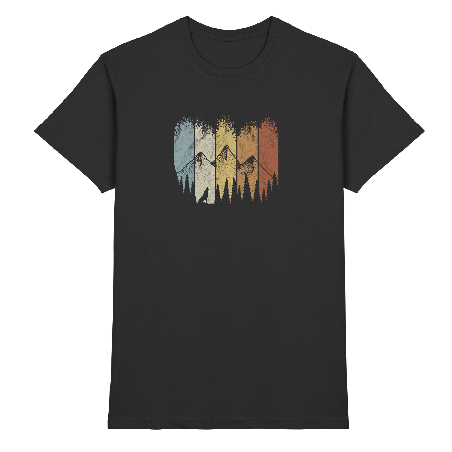 Retro Wald, Berge und Wolf  - Premium Shirt