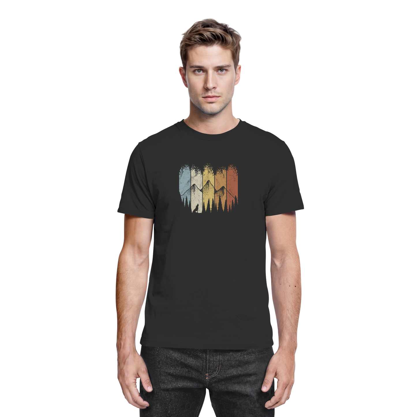Retro Wald, Berge und Wolf  - Premium Shirt