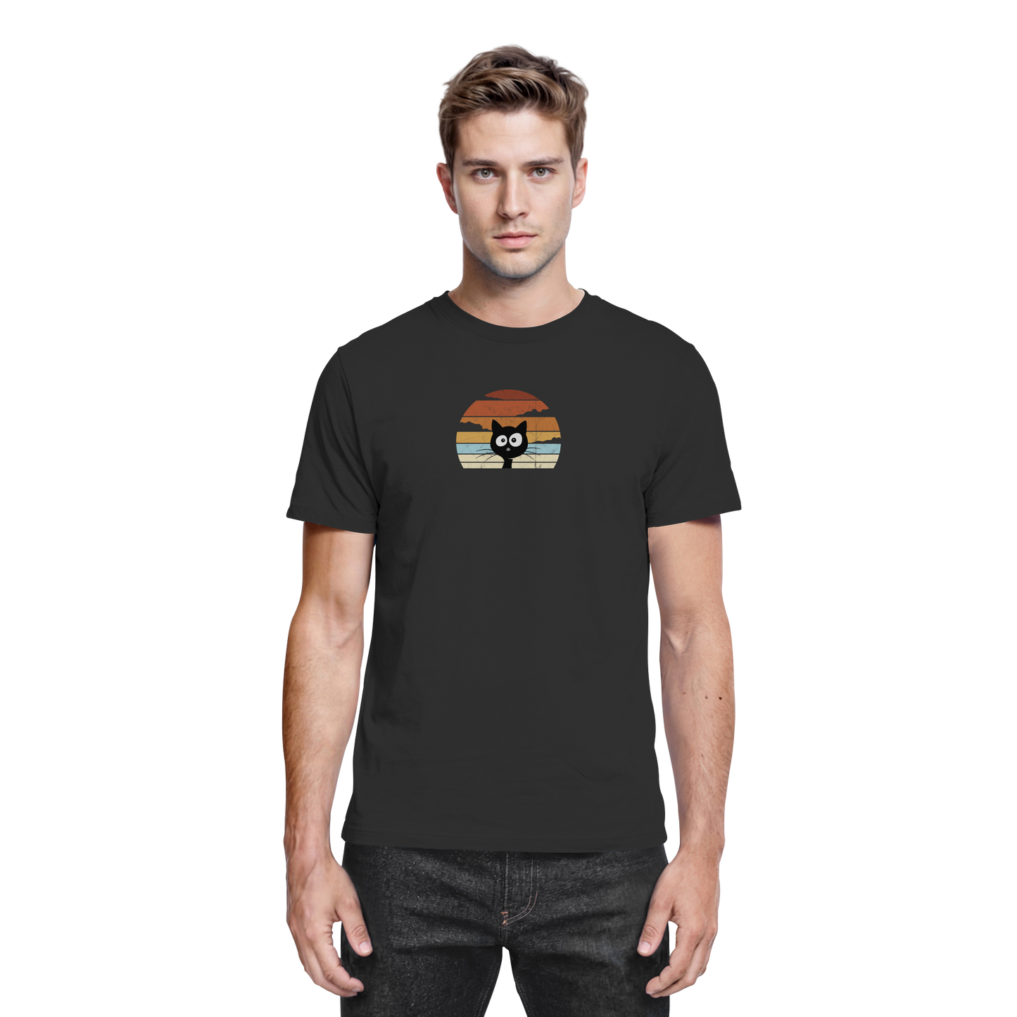 Retro schwarze Katze vor Sonnenuntergang - Premium Shirt